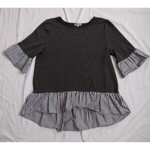 Pleione Blouse Charcoal Gray Striped Ruffle Hem Bell Sleeve Pullover Women's L